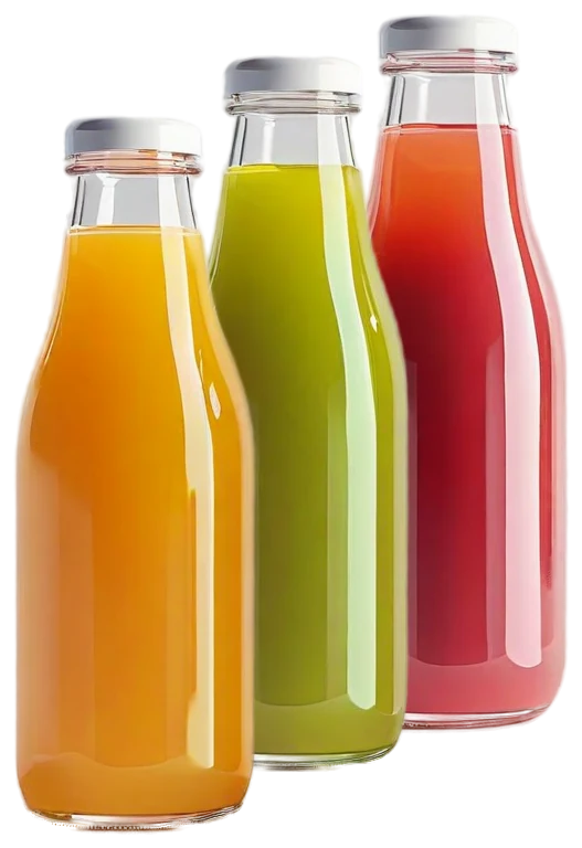 Three bottles of cold-pressed juice: orange, green, and red.