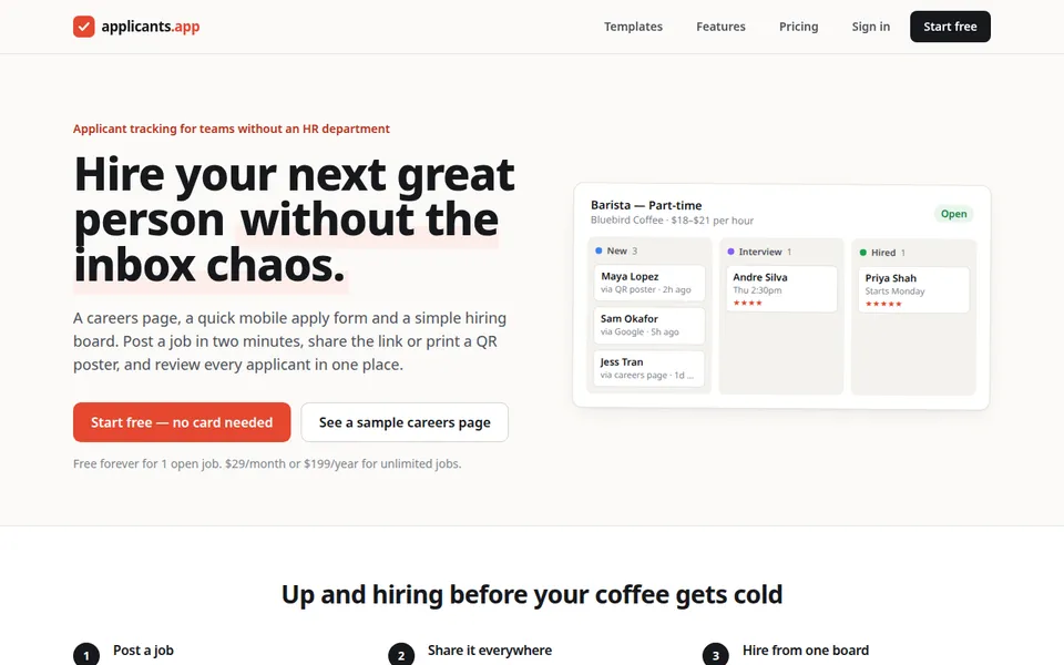 The applicants.app homepage: Hire your next great person without the inbox chaos.