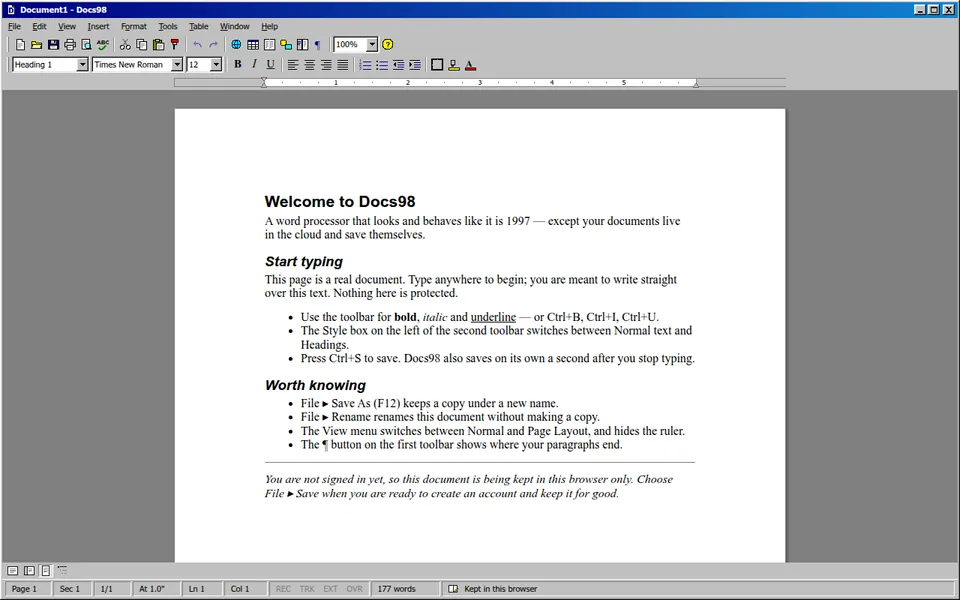Docs98, a word processor styled like Windows 98.