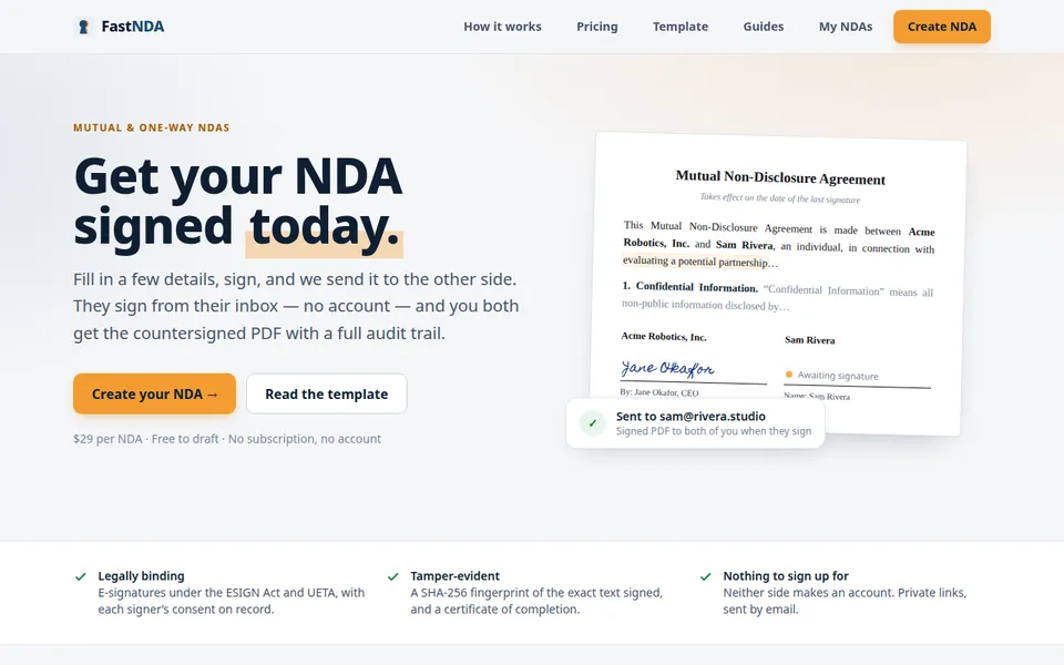 The FastNDA homepage: Get your NDA signed today.