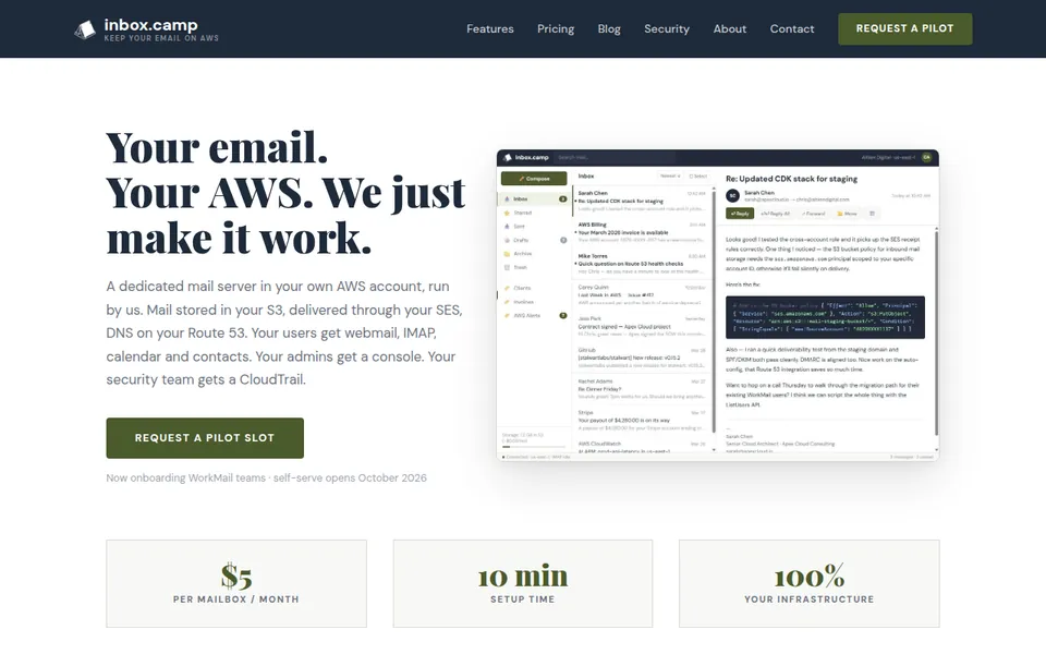 The inbox.camp homepage: Your email. Your AWS. We just make it work.