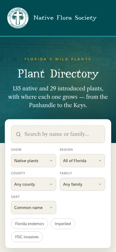 The Native Flora Society plant directory on a phone, with search and filters by region and county.
