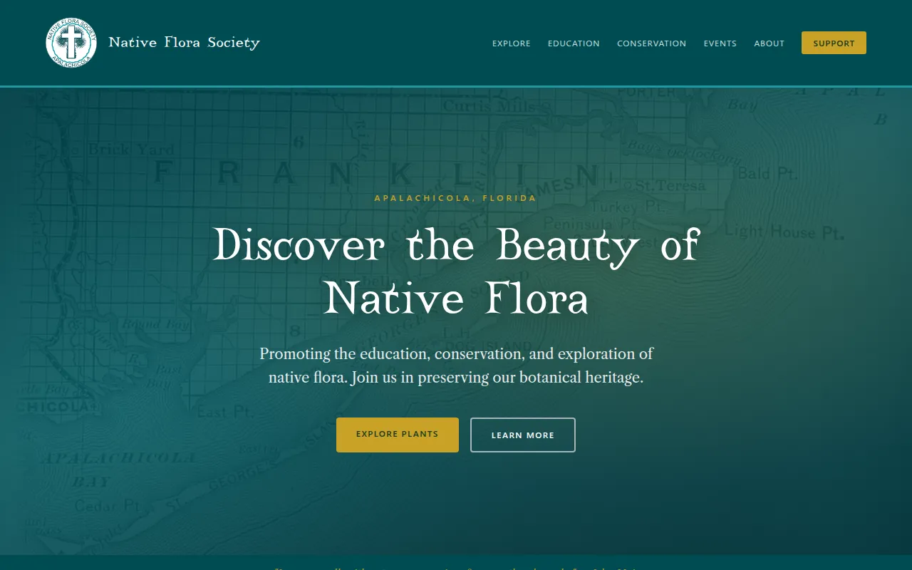 The Native Flora Society homepage: Discover the Beauty of Native Flora, over a map of Franklin County.