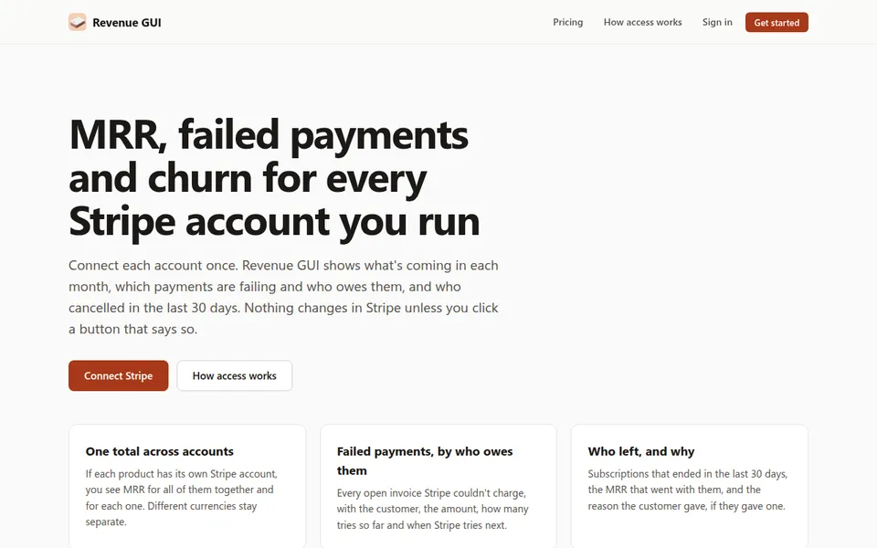 The Revenue GUI homepage: MRR, failed payments and churn for every Stripe account you run.