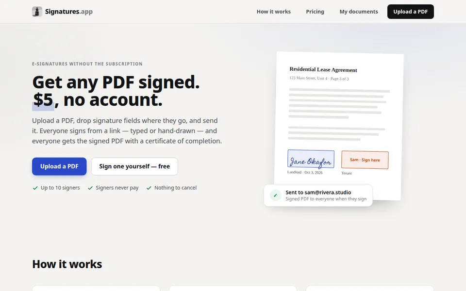 The Signatures.app homepage: Get any PDF signed. $5, no account.